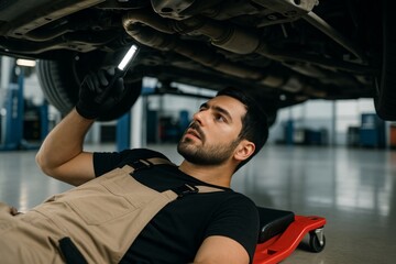 Male mechanic in overalls inspecting car undercarriage with flashlight while lying on creeper in modern auto repair shop garage environment. Ai generative