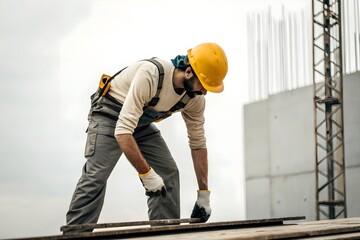 Construction worker in yellow hard hat carefully aligning steel bars on building site, demonstrating precision, safety awareness and professional construction process