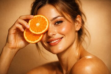 Smiling woman holding orange slices over eye, vitamin C skincare concept with glowing healthy skin, beauty portrait.