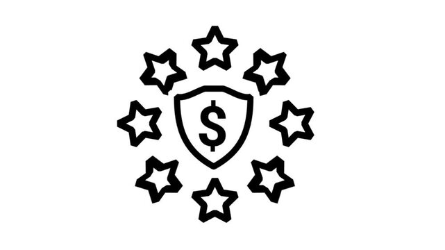 Financial protection icon featuring shield with dollar sign and stars, symbolizing investment insurance, wealth security, premium banking, and money safety.