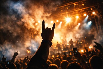 Rock concert crowd with raised hand gesture under bright stage lights and smoke, energetic live music festival atmosphere.