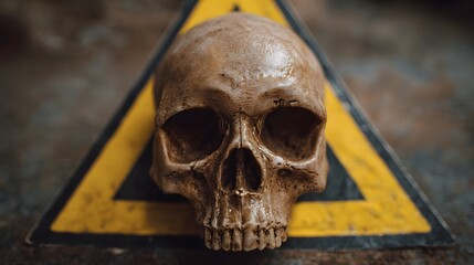 Human skull placed on a yellow hazard warning triangle symbol
