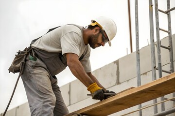 Builder wearing protective helmet working on wooden structure at construction site, focused craftsman performing precise physical labor outdoors