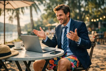 Businessman in suit jacket and colorful shorts working on laptop at beach caf&radic;&copy;, funny remote work and work-life balance concept.