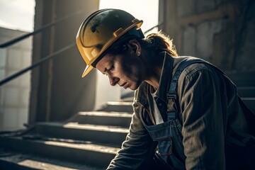 Focused industrial worker wearing protective helmet and overalls inside factory environment, symbolizing concentration, experience and responsibility in manual labor