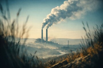 Industrial power plant with smokestacks releasing pollution into hazy sky, environmental emissions and climate impact concept.