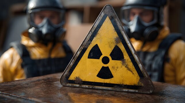 Weathered radiation hazard symbol with protective suited workers in the background