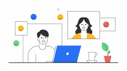 Online video call illustration with people giving thumbs up. Flat design concept of digital communication, social interaction, and positive feedback in virtual windows with icons.