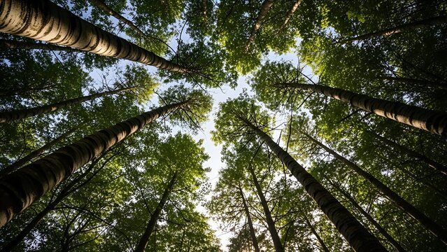 Looking Up Through Majestic Aspen Trees to a Clear Sky in the Forest Canopy