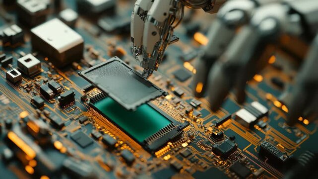 Robot assists in replacing microchip with advanced AI neural network in a technology lab, Robot replacing cpu micro chip with AI neural network based on computer circuitboard