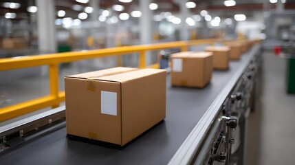 Efficient logistics in action cardboard boxes move along a sleek conveyor belt system in a bright modern industrial warehouse environment
