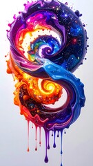 Abstract swirl of vibrant rainbow paint with thick liquid drips on white background