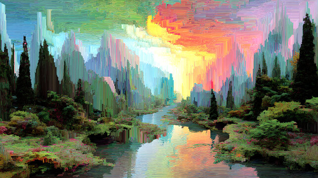 Glitch effect abstract background digital distort surreal landscape river valley colorful sky reflection vibrant fantasy art serene - Powered by Adobe