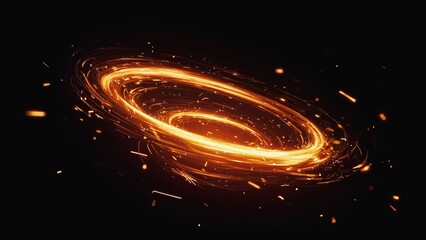 Bright orange spinning ring with sparks on a black background during a light display at night