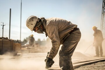 Industrial worker bending and performing heavy manual labor at dusty construction site, wearing protective helmet and gloves, illustrating demanding working conditions