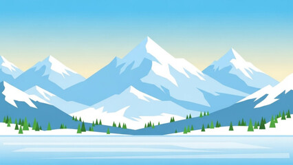 Vast snowy mountain range landscape with pine trees and frozen lake in a clean flat vector illustration style for winter travel and nature themes