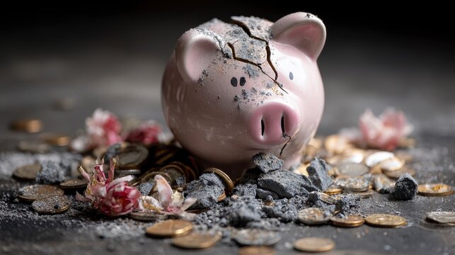 A shattered ceramic bank piggy surrounded by coins and fragments on a dark surface, symbolizing financial loss - Powered by Adobe