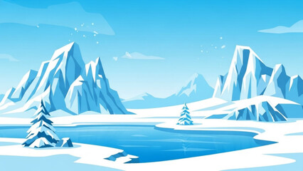 Winter landscape with snow-covered mountains and frozen lake a serene arctic scene with pine trees perfect for nature or travel backgrounds