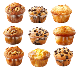 Walnut chocolate and coconut muffin or banana nut cupcake topped with crunchy nuts pieces isolated on white transparent background
