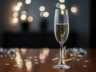 Una copa de champ&aacute;n sobre una mesa marr&oacute;n.