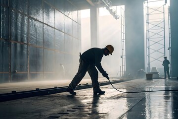 Industrial worker operating power tool on factory floor, modern manufacturing environment with safety helmet, wet surface, teamwork and large scale production