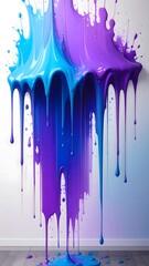 Abstract blue and purple paint drips with splashes on white background
