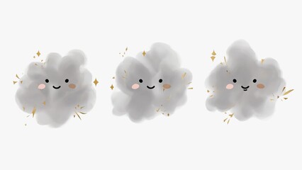 Cute clouds with smiling faces and sparkles, showing different expressions in a light design style