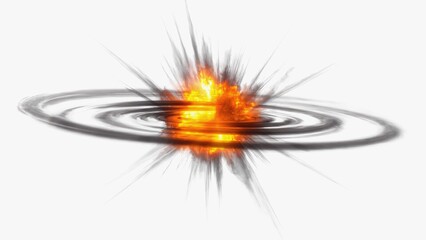 Bright explosion in dark space creates shock waves with fiery burst and swirling rings