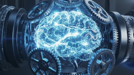 Digital Brain Engaged With Rotating Gears and Machine Parts, Artificial Intelligence Concept - Powered by Adobe