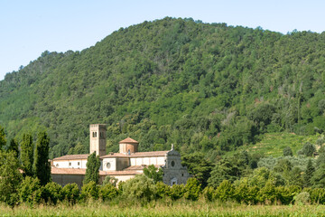 View of Benedictine monastery and convent Abbazia di Praglia in Padua, Italy as a Christianity, religion, and Catholicism concept with green summer landscape 
