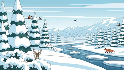 Winter landscape illustration with snow-covered trees a flowing river and wildlife perfect for seasonal greetings and nature-themed designs