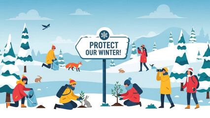 People planting trees and cleaning up litter in a snowy landscape promoting winter conservation and environmental protection flat vector illustration
