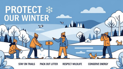 Winter conservation illustration people protecting nature and wildlife in a snowy landscape concept for environmental awareness and outdoor activities