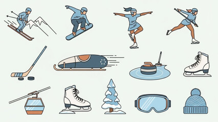 Collection of winter sport icons including skiing snowboarding ice skating and bobsled perfect for sports apps and seasonal graphics