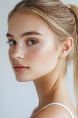 Naklejka premium Portrait of a young woman with natural makeup and a neutral background