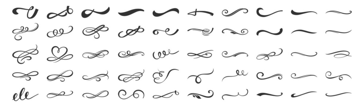 Vintage calligraphic swirl ornament set, elegant decorative flourishes and filigree dividers for classic design on transparent background