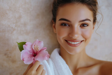 Smiling woman holding a pink flower, posing near a neutral stone wall