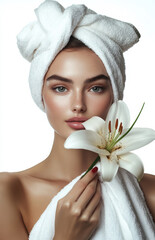Woman with towel and flower in studio setting, showcasing beauty and skincare