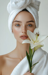 Woman holding lily flower with towel on head in minimalistic setting