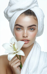 Young woman with towel on head holding white flower in skincare routine