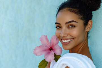 Smiling woman holding pink flower near blue wall in spa setting