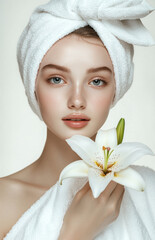 Young woman with a towel and white lily flower in a simple beauty setting