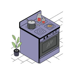 Purple Kitchen Stove Cooking Scene.