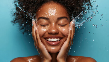 Refreshing facial cleansing with water splash against blue background