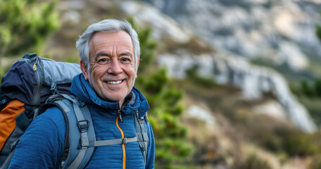 Senior man with backpack smiling in a mountainous landscape during the day