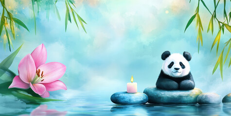 Panda sitting on a stone near a candle and a pink flower in a serene water setting