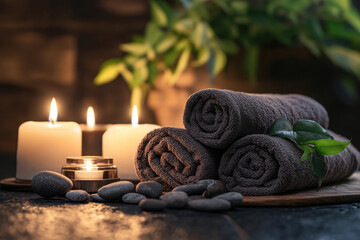 Relaxation setup with towels, candles, and stones for spa experience at home