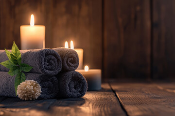Soft rolled towels next to lit candles on wooden surface with natural decor elements