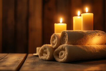 Soft towels and lit candles arranged on a wooden surface in a relaxing setting