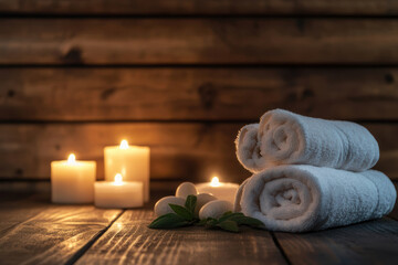 Spa scene with rolled towels and candles on wooden surface for relaxation and wellness